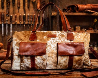 Handmade Cowhide Duffle Bag Cowhide Gym Bag Travelling Bag Overnight Bag Brown and White Cowhide Duffel Bag