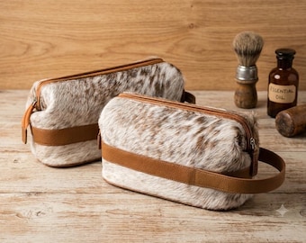Handmade Cowhide Toiletry Bag, Tan White Hair-On Hide Leather Travel Dopp Kit