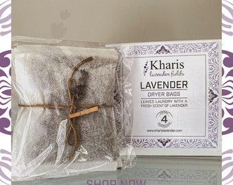 Lavender Dryer Bags, Set of 4, Laundry Lavender Sachets, Sustainable, Reusable, Compostable Lavender Laundry Bags, Zero Waste Sachets