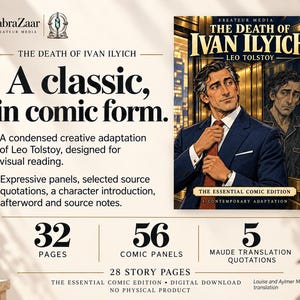 May include: A digital comic book titled The Death of Ivan Ilyich by Leo Tolstoy, featuring 32 pages, 56 panels, and 5 Maude translation quotations. The cover art displays a man in a suit adjusting his tie, with a reflection in a gold elevator.