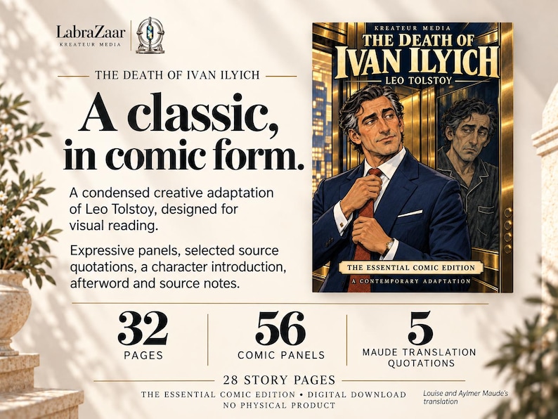 May include: A digital comic book titled The Death of Ivan Ilyich by Leo Tolstoy, featuring 32 pages, 56 panels, and 5 Maude translation quotations. The cover art displays a man in a suit adjusting his tie, with a reflection in a gold elevator.