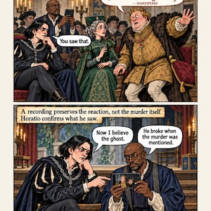 May include: A two-panel comic page depicting a scene from Hamlet. The top panel shows a king in a gold doublet and fur-trimmed cloak shouting, "Give me some light. Away." The bottom panel shows two figures reviewing a smartphone video recording.