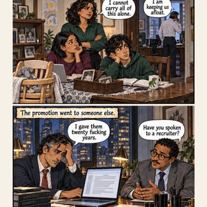 May include: A two-panel comic illustration. The top panel shows three people at a table with text: Children came. Three died young. Liza and Vasya survived. Speech bubbles say: I cannot carry all of this alone. I am keeping us afloat. The bottom panel shows two people in an office with text: The promotion went to someone else. Speech bubbles say: I gave them twenty fucking years. Have you spoken to a recruiter?