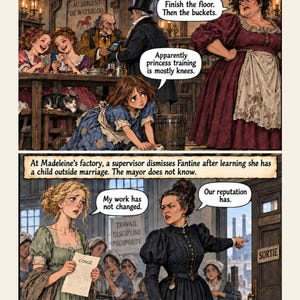 May include: A two-panel comic page from Les Mis&eacute;rables. The top panel shows a child scrubbing a floor while a woman in a red dress watches. Text reads: They take Fantine&rsquo;s money and make Cosette a servant. The bottom panel shows a woman holding a document labeled CONG&Eacute;, with text: At Madeleine&rsquo;s factory, a supervisor dismisses Fantine after learning she has a child outside marriage. The mayor does not know.