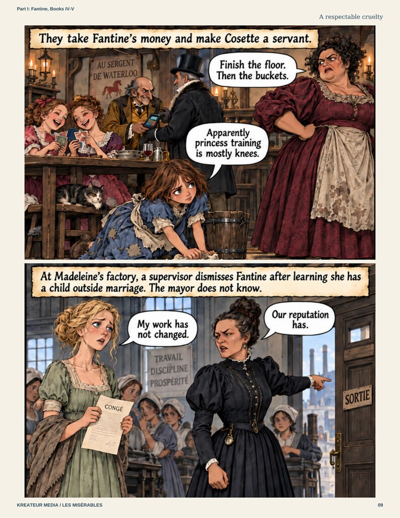 May include: A two-panel comic page from Les Mis&eacute;rables. The top panel shows a child scrubbing a floor while a woman in a red dress watches. Text reads: They take Fantine&rsquo;s money and make Cosette a servant. The bottom panel shows a woman holding a document labeled CONG&Eacute;, with text: At Madeleine&rsquo;s factory, a supervisor dismisses Fantine after learning she has a child outside marriage. The mayor does not know.