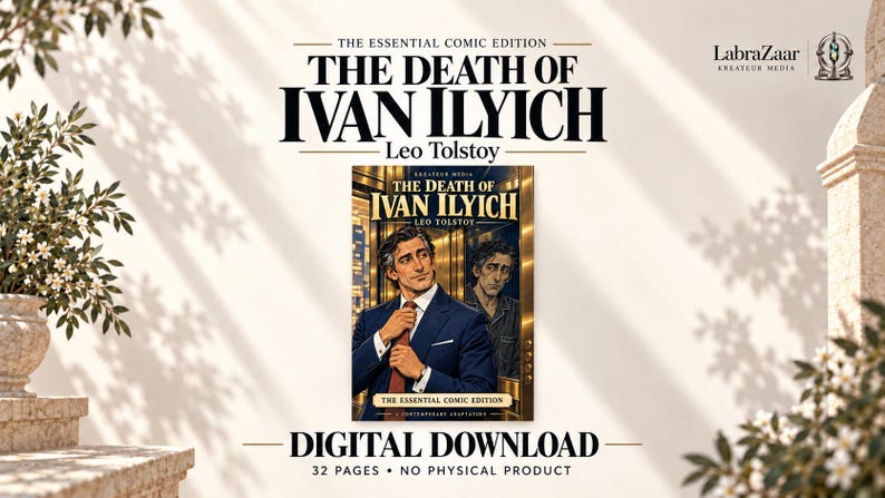 May include: A digital download of The Death of Ivan Ilyich by Leo Tolstoy, The Essential Comic Edition. The cover features a man in a blue suit and tie in the foreground, with a weary version of the same man in the background, all in a gold-toned setting.