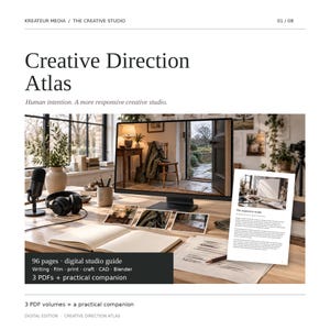 以下が含まれることがあります： Creative Direction Atlasと題されたデジタルスタジオガイド。コンピューターモニター、マイク、ヘッドフォン、ノート、印刷された書類が木製のデスクの上に置かれています。テキストには96 pages, digital studio guide, 3 PDFs + practical companionと記載されています。