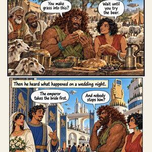 Peut inclure: Une page de bande dessin&eacute;e en deux panneaux intitul&eacute;e Tablets I-II tir&eacute;e de l'&Eacute;pop&eacute;e de Gilgamesh. Le panneau sup&eacute;rieur montre un personnage barbu mangeant du pain avec une femme, avec le texte : Shamhat taught him bread, beer, clothing and life among people. Le panneau inf&eacute;rieur montre une sc&egrave;ne de mariage avec le texte : Then he heard what happened on a wedding night. Les personnages portent des v&ecirc;tements de style ancien, avec des bulles de dialogue.