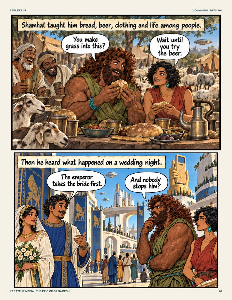 Peut inclure: Une page de bande dessin&eacute;e en deux panneaux intitul&eacute;e Tablets I-II tir&eacute;e de l'&Eacute;pop&eacute;e de Gilgamesh. Le panneau sup&eacute;rieur montre un personnage barbu mangeant du pain avec une femme, avec le texte : Shamhat taught him bread, beer, clothing and life among people. Le panneau inf&eacute;rieur montre une sc&egrave;ne de mariage avec le texte : Then he heard what happened on a wedding night. Les personnages portent des v&ecirc;tements de style ancien, avec des bulles de dialogue.