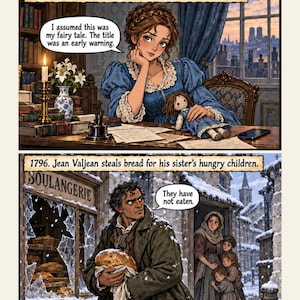 May include: A two-panel comic page featuring a woman in a blue dress with a doll at a desk, and a man in a dark coat holding bread in front of a snowy bakery. Text includes: COSETTE: I am telling this afterwards. I was not in every room. People were alarmingly busy before consulting me. I assumed this was my fairy tale. The title was an early warning. 1796. Jean Valjean steals bread for his sister's hungry children. They have not eaten.