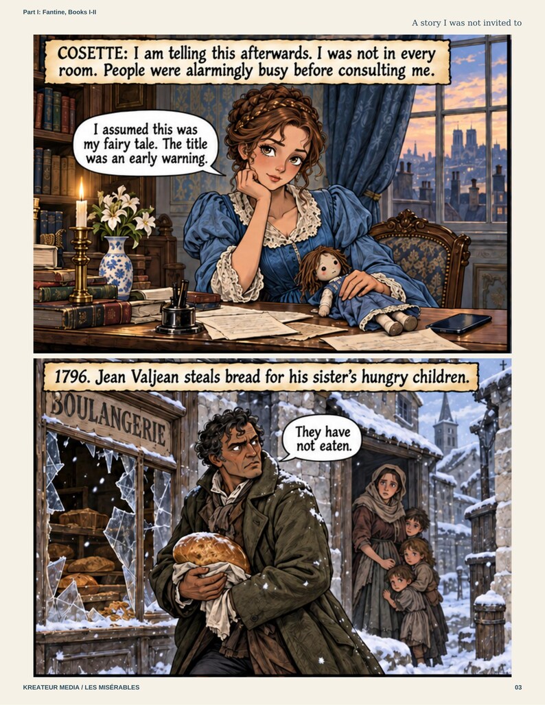 May include: A two-panel comic page featuring a woman in a blue dress with a doll at a desk, and a man in a dark coat holding bread in front of a snowy bakery. Text includes: COSETTE: I am telling this afterwards. I was not in every room. People were alarmingly busy before consulting me. I assumed this was my fairy tale. The title was an early warning. 1796. Jean Valjean steals bread for his sister's hungry children. They have not eaten.