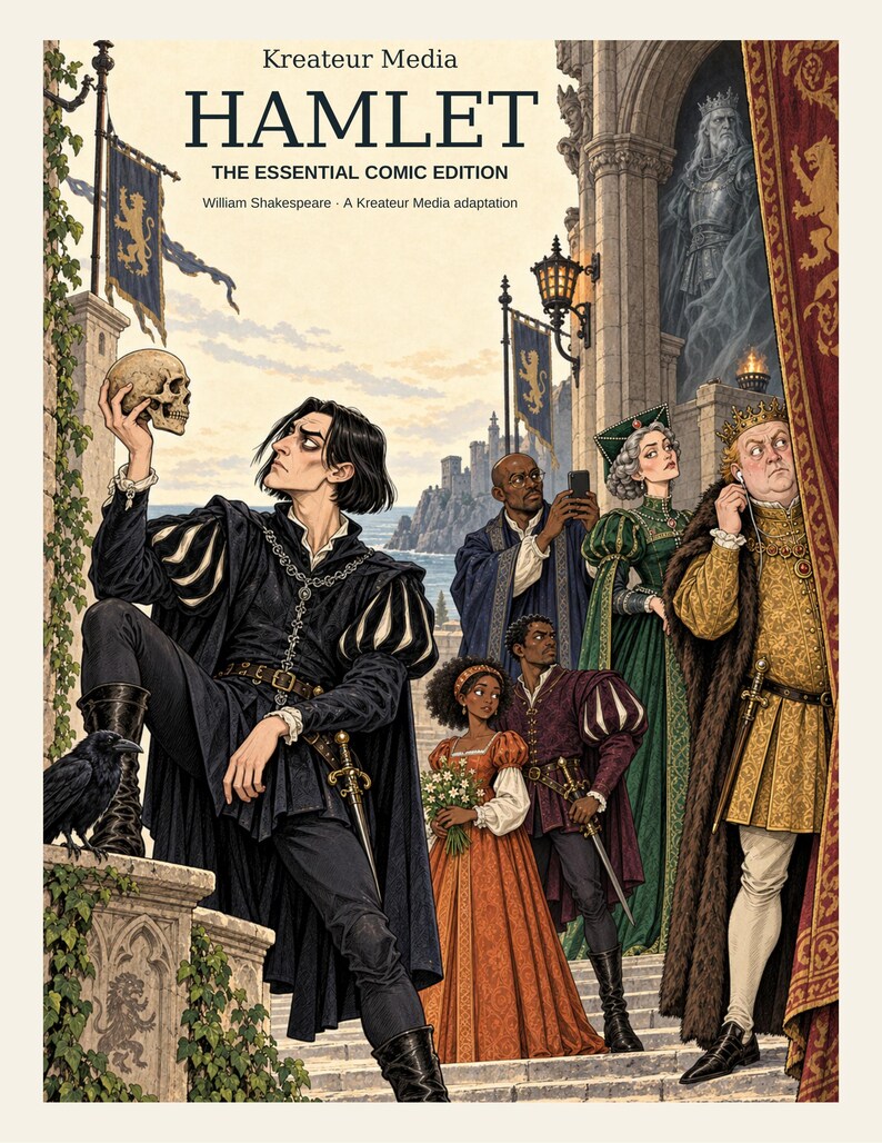 May include: A comic book cover titled Kreateur Media HAMLET THE ESSENTIAL COMIC EDITION by William Shakespeare. It features a central figure holding a skull, surrounded by characters in period attire, including a king with earbuds and a ghost.