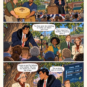 Puede incluir: Una p&aacute;gina de c&oacute;mic de tres paneles titulada The Price of a Song. Muestra una escena en la plaza del pueblo con un alcalde hablando en un podio, una gran rueda de queso y un tablero de resultados finales con 2.842 votos para Crowsly.