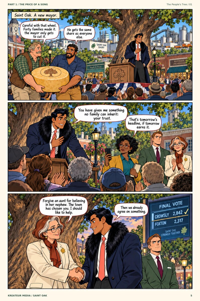 Puede incluir: Una p&aacute;gina de c&oacute;mic de tres paneles titulada The Price of a Song. Muestra una escena en la plaza del pueblo con un alcalde hablando en un podio, una gran rueda de queso y un tablero de resultados finales con 2.842 votos para Crowsly.