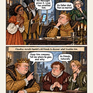 May include: A two-panel comic illustration depicting scenes from Hamlet. The top panel shows Polonius holding a smartphone, with text bubbles reading: Polonius thinks love explains Hamlet. Gertrude suspects grief and her remarriage. His messages prove it. Love has unsettled him. His father died. Then we married. The bottom panel shows Claudius speaking to two men, with text bubbles reading: Claudius recruits Hamlet's old friends to discover what troubles him. Keep him company. Tell me where he goes, and why. As friends, naturally.
