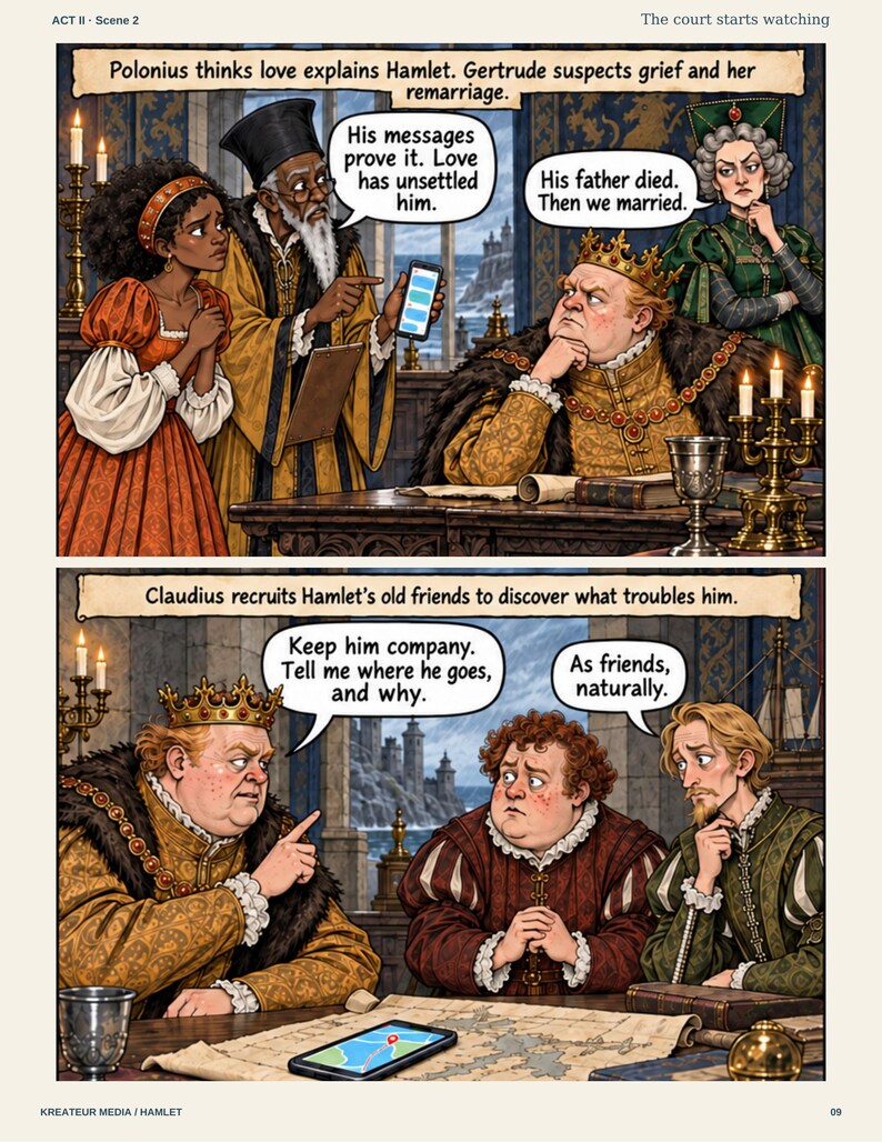 May include: A two-panel comic illustration depicting scenes from Hamlet. The top panel shows Polonius holding a smartphone, with text bubbles reading: Polonius thinks love explains Hamlet. Gertrude suspects grief and her remarriage. His messages prove it. Love has unsettled him. His father died. Then we married. The bottom panel shows Claudius speaking to two men, with text bubbles reading: Claudius recruits Hamlet's old friends to discover what troubles him. Keep him company. Tell me where he goes, and why. As friends, naturally.