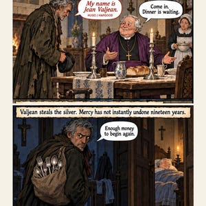 May include: A two-panel comic illustration depicting scenes from Les Mis&eacute;rables. The top panel shows a man in a tattered coat meeting a bishop at a dinner table with candles. The bottom panel shows the man stealing silver cutlery in a cloth bag.