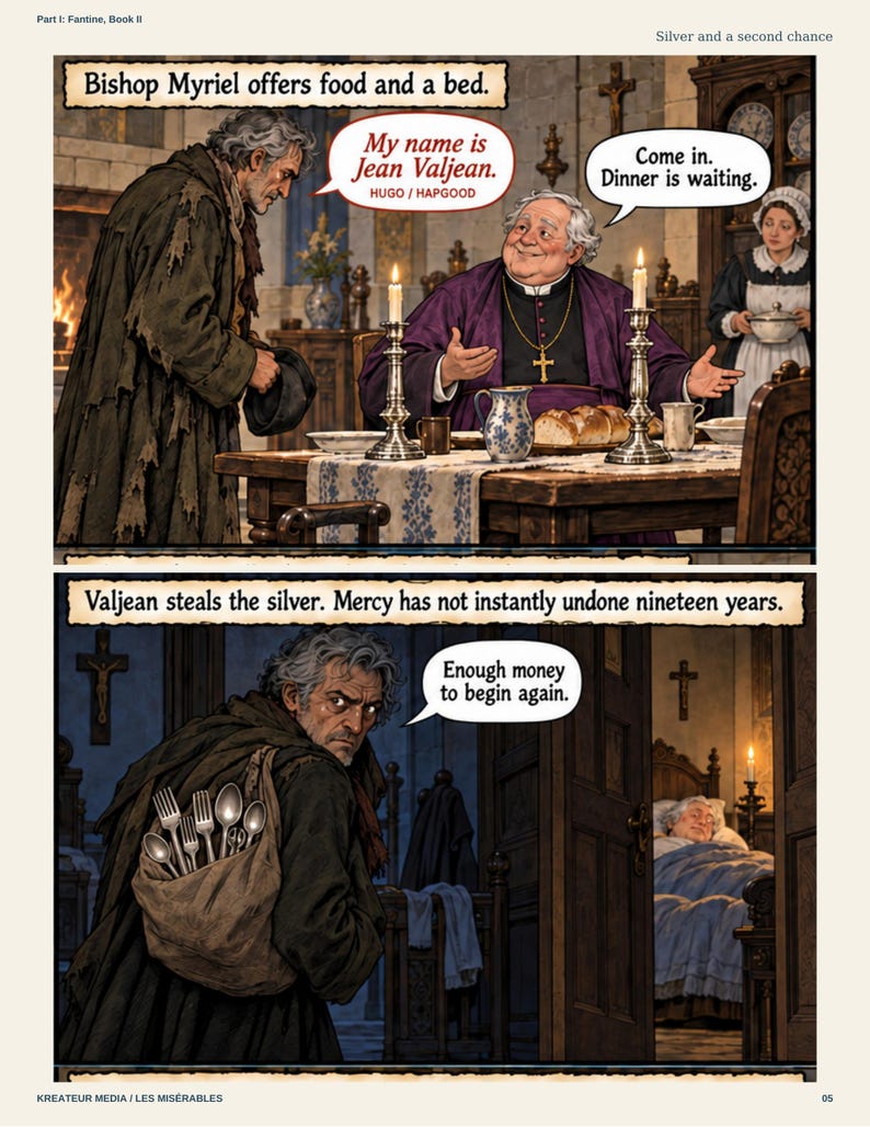 May include: A two-panel comic illustration depicting scenes from Les Mis&eacute;rables. The top panel shows a man in a tattered coat meeting a bishop at a dinner table with candles. The bottom panel shows the man stealing silver cutlery in a cloth bag.