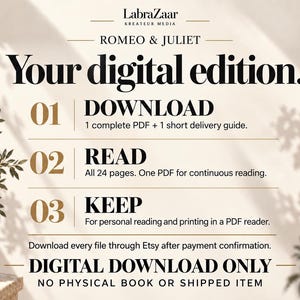 May include: A digital download information graphic for Romeo & Juliet by LabraZaar. It lists three steps: 01 Download 1 PDF and 1 guide, 02 Read 24 pages, and 03 Keep for personal use. It states Digital Download Only, no physical book or shipped item.