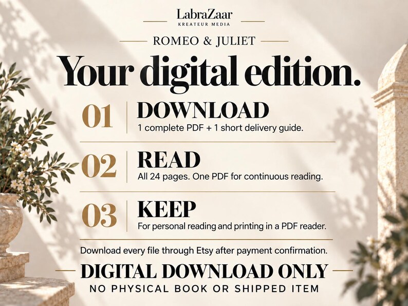 May include: A digital download information graphic for Romeo & Juliet by LabraZaar. It lists three steps: 01 Download 1 PDF and 1 guide, 02 Read 24 pages, and 03 Keep for personal use. It states Digital Download Only, no physical book or shipped item.