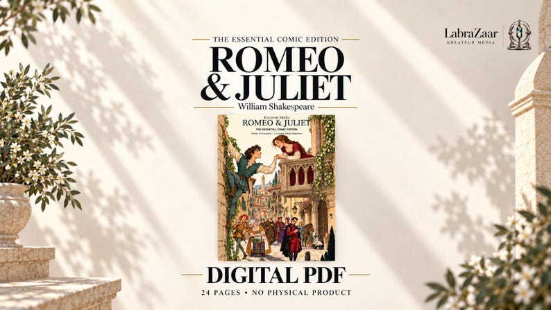 May include: A digital PDF comic book titled Romeo & Juliet, The Essential Comic Edition by William Shakespeare. The cover art depicts a man climbing a stone wall toward a woman on a balcony, with figures in period clothing below in a town square.