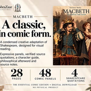 Peut inclure: Une bande dessin&eacute;e num&eacute;rique intitul&eacute;e Macbeth: The Essential Comic Edition par LabraZaar. La couverture montre un homme pla&ccedil;ant une couronne sur sa t&ecirc;te &agrave; c&ocirc;t&eacute; d'une femme en robe rouge fonc&eacute;. Le texte inclut A classic, in comic form, 28 pages, 48 panels.