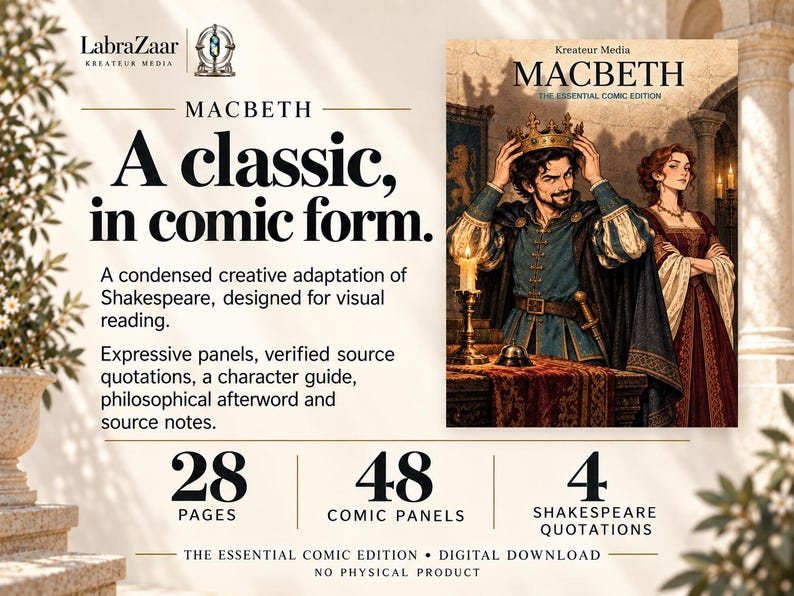 Peut inclure: Une bande dessin&eacute;e num&eacute;rique intitul&eacute;e Macbeth: The Essential Comic Edition par LabraZaar. La couverture montre un homme pla&ccedil;ant une couronne sur sa t&ecirc;te &agrave; c&ocirc;t&eacute; d'une femme en robe rouge fonc&eacute;. Le texte inclut A classic, in comic form, 28 pages, 48 panels.