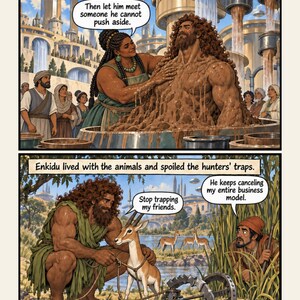Peut inclure: Une page de bande dessin&eacute;e en deux panneaux intitul&eacute;e Tablet I : An equal, made of earth. Le panneau sup&eacute;rieur montre une figure fa&ccedil;onnant un homme &agrave; partir de boue brune avec des bulles de texte. Le panneau inf&eacute;rieur montre un homme barbu lib&eacute;rant une gazelle d'un pi&egrave;ge en m&eacute;tal avec des bulles de texte.