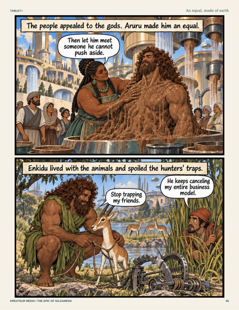 Peut inclure: Une page de bande dessin&eacute;e en deux panneaux intitul&eacute;e Tablet I : An equal, made of earth. Le panneau sup&eacute;rieur montre une figure fa&ccedil;onnant un homme &agrave; partir de boue brune avec des bulles de texte. Le panneau inf&eacute;rieur montre un homme barbu lib&eacute;rant une gazelle d'un pi&egrave;ge en m&eacute;tal avec des bulles de texte.