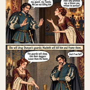 Peut inclure: Une bande dessin&eacute;e en deux panneaux illustrant une sc&egrave;ne de Macbeth. Le panneau sup&eacute;rieur montre un homme en pourpoint bleu et une femme en robe rouge en train de discuter. Le panneau inf&eacute;rieur montre la femme versant un liquide bleu dans un calice.