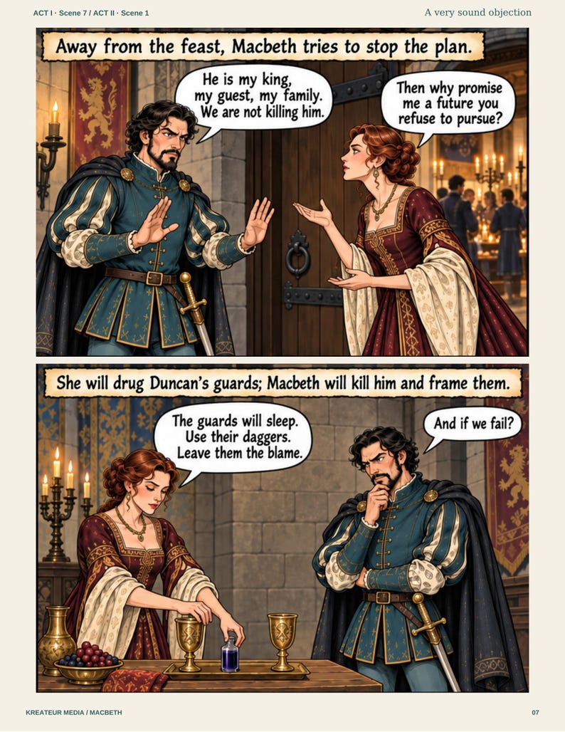 Peut inclure: Une bande dessin&eacute;e en deux panneaux illustrant une sc&egrave;ne de Macbeth. Le panneau sup&eacute;rieur montre un homme en pourpoint bleu et une femme en robe rouge en train de discuter. Le panneau inf&eacute;rieur montre la femme versant un liquide bleu dans un calice.
