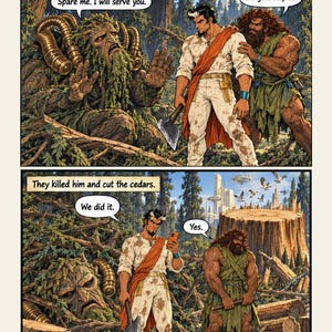 Peut inclure: Une page de bande dessin&eacute;e en deux panneaux intitul&eacute;e Tablet V montrant Gilgamesh et Enkidu dans une for&ecirc;t. Le premier panneau montre Humbaba implorant la piti&eacute;. Le second montre les personnages devant Humbaba abattu et des souches.