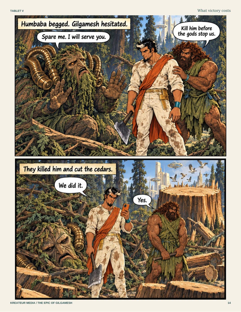 Peut inclure: Une page de bande dessin&eacute;e en deux panneaux intitul&eacute;e Tablet V montrant Gilgamesh et Enkidu dans une for&ecirc;t. Le premier panneau montre Humbaba implorant la piti&eacute;. Le second montre les personnages devant Humbaba abattu et des souches.