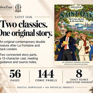 Puede incluir: Una portada de libro digital titulada Saint Oak: The Crow, the Fox & the Iron Heel, que muestra a un grupo de personajes diversos en un entorno urbano. El texto destaca 56 p&aacute;ginas, 144 paneles de c&oacute;mic y 8 pasajes de citas de fuentes.
