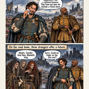 Peut inclure: Une page de bande dessin&eacute;e en deux panneaux repr&eacute;sentant Macbeth et Banquo en tenue m&eacute;di&eacute;vale. Le premier panneau les montre apr&egrave;s la bataille avec du texte sur le roi Duncan. Le second les montre rencontrant trois personnages avec un caddie.
