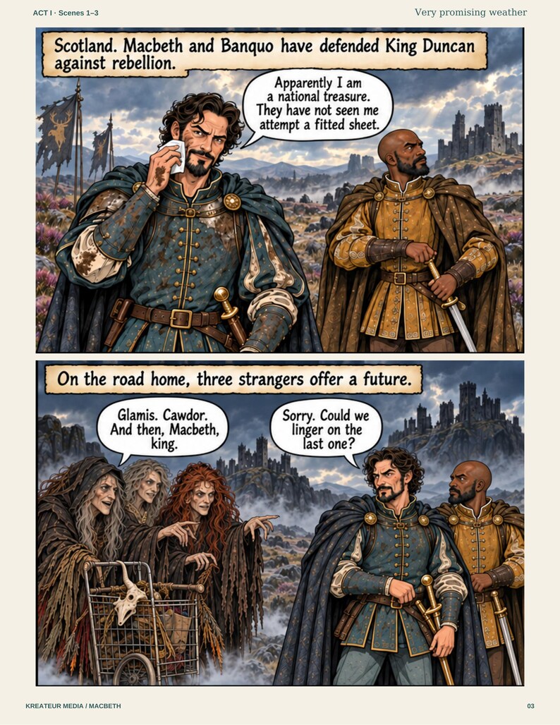 Peut inclure: Une page de bande dessin&eacute;e en deux panneaux repr&eacute;sentant Macbeth et Banquo en tenue m&eacute;di&eacute;vale. Le premier panneau les montre apr&egrave;s la bataille avec du texte sur le roi Duncan. Le second les montre rencontrant trois personnages avec un caddie.