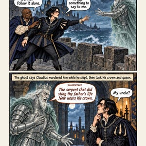 May include: A two-panel comic page depicting Hamlet and a ghost. Top panel: Hamlet reaches toward a translucent, armored ghost on a stone wall. Text: The apparition beckons Hamlet away from the others. Bottom panel: The ghost speaks to Hamlet. Text: The ghost says Claudius murdered him while he slept, then took his crown and queen. The serpent that did sting thy father's life Now wears his crown.