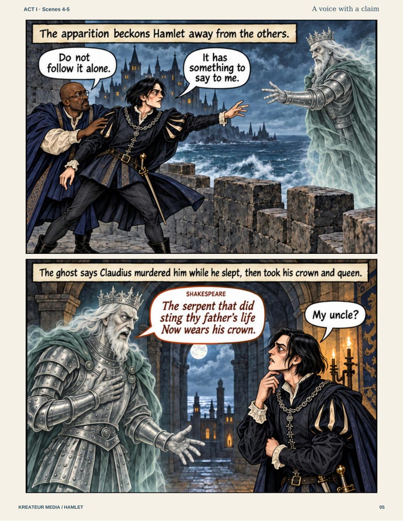 May include: A two-panel comic page depicting Hamlet and a ghost. Top panel: Hamlet reaches toward a translucent, armored ghost on a stone wall. Text: The apparition beckons Hamlet away from the others. Bottom panel: The ghost speaks to Hamlet. Text: The ghost says Claudius murdered him while he slept, then took his crown and queen. The serpent that did sting thy father's life Now wears his crown.