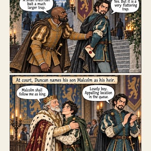 Peut inclure: Une page de bande dessin&eacute;e en deux panneaux intitul&eacute;e Act I Scenes 3-6 The succession problem. Panneau sup&eacute;rieur : Banquo et Macbeth discutent avec des bulles. Panneau inf&eacute;rieur : Le roi Duncan nomme Malcolm h&eacute;ritier sous le regard de Macbeth.