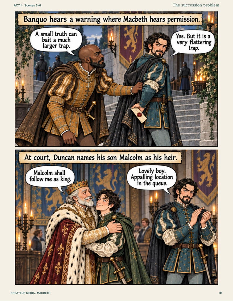 Peut inclure: Une page de bande dessin&eacute;e en deux panneaux intitul&eacute;e Act I Scenes 3-6 The succession problem. Panneau sup&eacute;rieur : Banquo et Macbeth discutent avec des bulles. Panneau inf&eacute;rieur : Le roi Duncan nomme Malcolm h&eacute;ritier sous le regard de Macbeth.