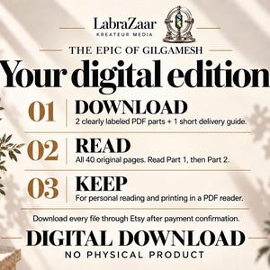 Peut inclure: Un guide de t&eacute;l&eacute;chargement num&eacute;rique pour L'&Eacute;pop&eacute;e de Gilgamesh par LabraZaar Kreateur Media. Le texte pr&eacute;sente trois &eacute;tapes : 01 T&Eacute;L&Eacute;CHARGER 2 parties PDF, 02 LIRE 40 pages originales, et 03 GARDER pour lecture personnelle. T&Eacute;L&Eacute;CHARGEMENT NUM&Eacute;RIQUE.