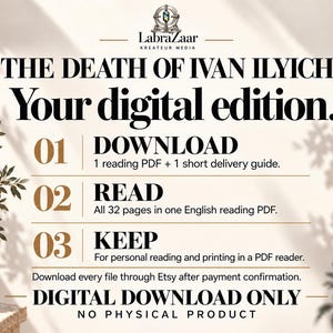May include: A digital download listing for The Death of Ivan Ilyich. The text reads: LabraZaar Kreateur Media, The Death of Ivan Ilyich, Your digital edition, 01 Download, 02 Read, 03 Keep, and Digital download only, no physical product.