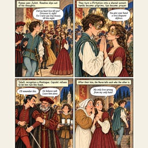 May include: A four-panel comic page titled The wrong person. The right face. featuring illustrations of Romeo and Juliet at a masquerade ball. The panels include dialogue bubbles with Shakespearean text and scenes of characters in period-style clothing.