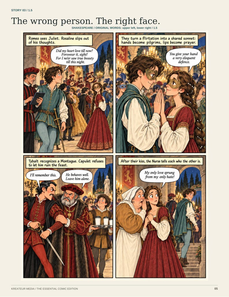 May include: A four-panel comic page titled The wrong person. The right face. featuring illustrations of Romeo and Juliet at a masquerade ball. The panels include dialogue bubbles with Shakespearean text and scenes of characters in period-style clothing.