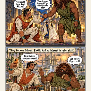 Peut inclure: Une page de bande dessin&eacute;e en deux panneaux intitul&eacute;e Tablets I-III repr&eacute;sentant deux personnages. Dans le panneau sup&eacute;rieur, un personnage s'agenouille en serrant la main d'un personnage plus grand et barbu. Le bas montre un repas.