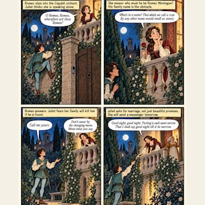 May include: A four-panel comic page titled A name between them, depicting Romeo and Juliet in a night scene. The panels show Romeo climbing a stone wall to reach Juliet on a balcony, with dialogue bubbles containing text from Shakespeare's play.