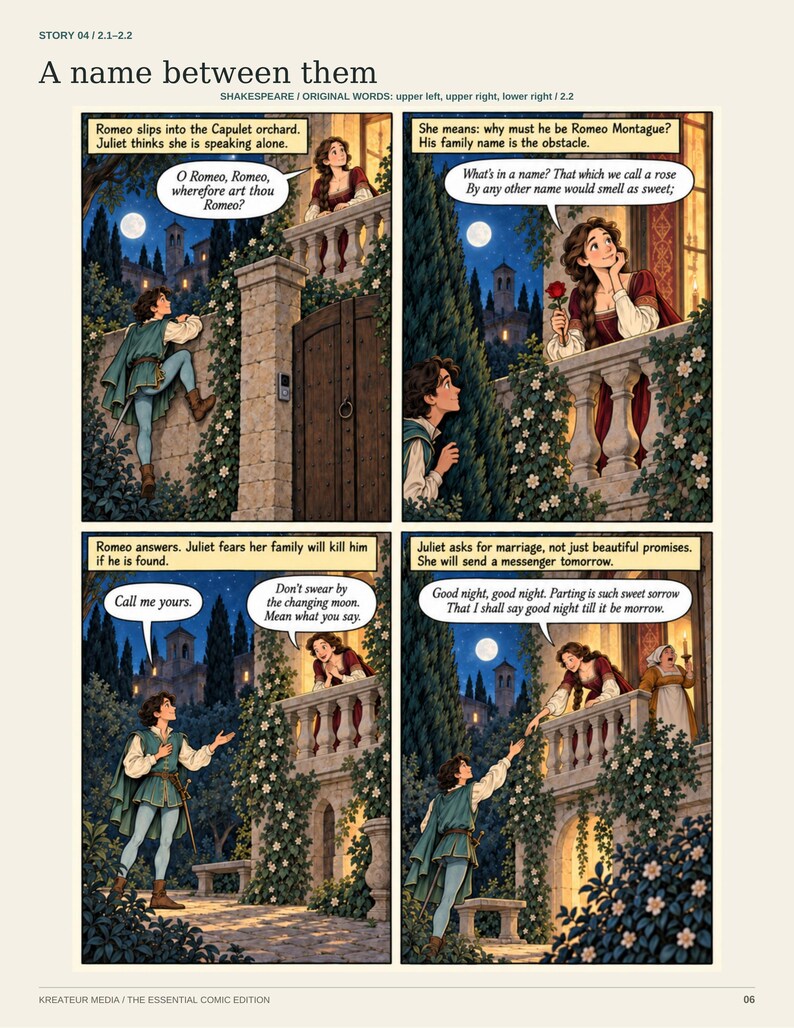 May include: A four-panel comic page titled A name between them, depicting Romeo and Juliet in a night scene. The panels show Romeo climbing a stone wall to reach Juliet on a balcony, with dialogue bubbles containing text from Shakespeare's play.