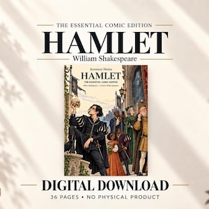 May include: A digital download of The Essential Comic Edition of Hamlet by William Shakespeare. The cover art features a character holding a skull, surrounded by other figures in period clothing, with the title and LabraZaar logo visible.