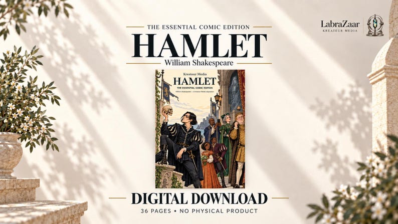 May include: A digital download of The Essential Comic Edition of Hamlet by William Shakespeare. The cover art features a character holding a skull, surrounded by other figures in period clothing, with the title and LabraZaar logo visible.