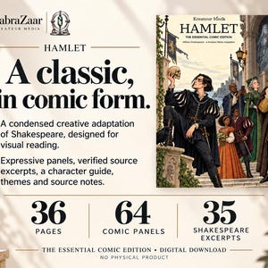 May include: A digital comic book titled Hamlet: The Essential Comic Edition by Kreateur Media. The cover features a character holding a skull, surrounded by other figures in a castle setting. It contains 36 pages, 64 panels, and 35 excerpts.